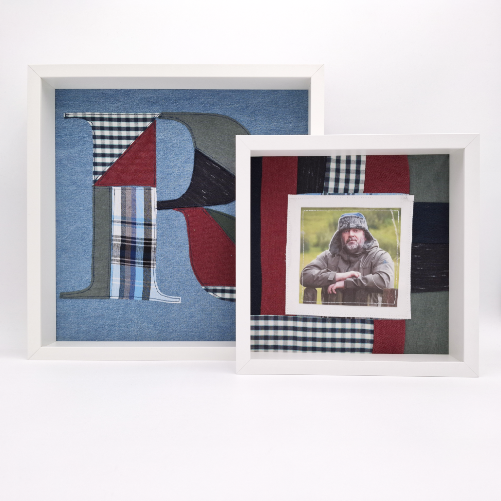 Bilderrahmen mit Foto und Patchworkdetail, Individuelle Erinnerungsstücke und Trost aus Stoff aus Kleidung von Verstorbenen und geliebten Fellnasen. Nadine Miesenburg von der Blauzone